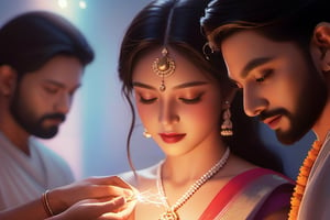 A close-up of an Indian sister's hands, delicately tying a Raksha Bandhan knot around her brother's wrist, with subtle sparks of lightning emanating from the knot. The scene is cinematic, with a holographic glow and a sharp focus, and the brother's eyes glowing white with a magical, ethereal glow. Art by MSchiffer.
