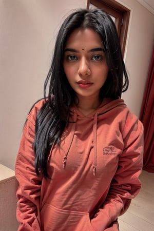 a (beauty photo:1.3) of a
beautiful shy young indian
woman,age 25,with long
curled black hair, wearing
a cute red hoodie,b3rli