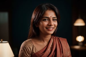 an Indian businesswoman, getting ready for the office, looking off the camera, upper body, excitedly smiling, soft diffused lighting, cinematic shot, Red digital cinema camera, bokeh, in the style of Martin Schoeller,b3rli