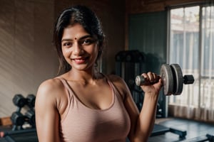 lifestyle photography of an Indian woman, lifting a small dumbbell, a modern gym, a modern house,  energetic smiling at the camera,  soft diffused lighting, Red digital cinema camera,  bokeh,  in the style of Martin Schoeller, 
,b3rli