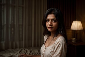 an Indian woman,  in the nightdress, night settings,modern house,  seductive looking at the camera,  soft diffused lighting, Red digital cinema camera,  bokeh,  in the style of Martin Schoeller, 
,b3rli