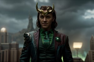 loki, cinematic shot, half body shot,High detailed , green colour tone, buildings of asgard behind