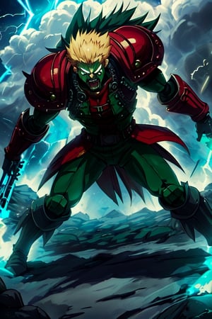 full body shot, cinematic shot, a villain in intense expression, raging in anger,  in green tones., High detailed, detailed facial expression, intense war background,ActionFigureQuiron style, cloud stick,vash the stampede,1utf1