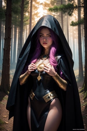 A mysterious witch cloaked in purple chaos energy, standing in a dark forest of barren trees, glowing with a powerful energy. realistic, stunning realistic photograph, 3d render, octane render, intricately detailed, cinematic, trending on artstation, Isometric, Centered hipereallistic cover photo, awesome full color, hand drawn, dark, gritty, mucha, klimt, erte 12k, high definition, cinematic, neoprene, behance contest winner, portrait featured on unsplash, stylized digital art, smooth, ultra high definition, 8k, unreal engine 5, ultra sharp focus, intricate artwork masterpiece, ominous, epic, TanvirTamim, trending on artstation, by artgerm, h. r. giger and beksinski, highly detailed, vibrant,perfecteyes