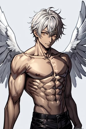 a manga cover, a man with gray wings (archangel with gray wings), ((brown skin)), ((golden eyes)) super detailed, real anime cover, manga style, anime