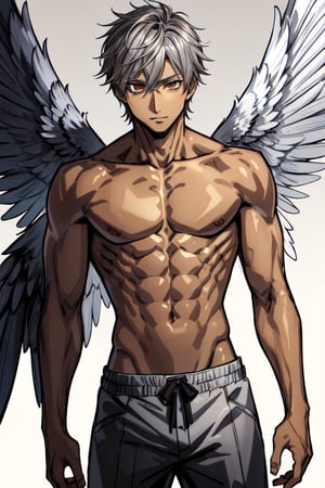 a manga cover, a man with gray wings (archangel with gray wings), ((brown tanned skin)), ((golden eyes)) super detailed, real anime cover, manga style, anime