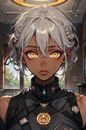 1girl, solo, breasts, looking at viewer, short hair, bangs, hair between eyes, closed mouth, ((yellow eyes)), upper body, braid, grey hair, indoors, dark skin, dark-skinned female, window, halo,dis