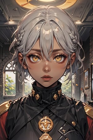 1girl, solo, breasts, looking at viewer, short hair, bangs, hair between eyes, closed mouth, ((yellow eyes)), upper body, braid, grey hair, indoors, dark skin, dark-skinned female, window, halo,dis