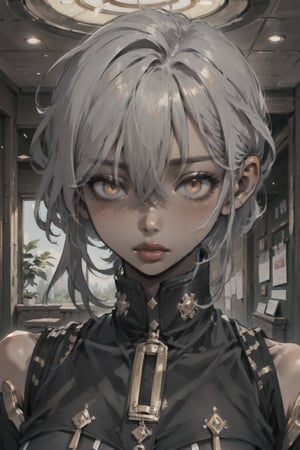 dark-skinned female,dis, a dark-skinned girl, a large penis covering her eyes in a close-up shot of her face, tongue, hentai, ash-gray hair, indoor ambient lighting