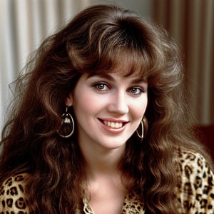 a woman with long curly hair and leopard print earrings, only a few bangs of hair, 1 9 8 0 s woman, television show, brunette woman, young southern woman, an ai generated image, photo of wolf, full bodye centered, smokey eyes, smiling, robed, ( ( photograph ) ), old picture, lady davis, with another woman in front view, frinking a coffie ona table