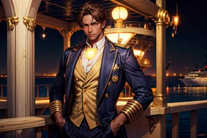 a beautiful man with brown skin, yellow-eyes, ((yellow glowing eyes)), captain of a merchant ship 2020, holding a rudder of a cruise ship, on the bridge of a ship, captain, suit, short brown hair, golden eyes, brown skin, 1boy, ((gabriell)), incredibly absurd, best quality, masterpiece, high detail eyes