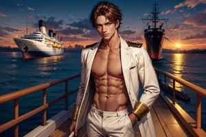 a beautiful man with brown skin, yellow-eyes, ((yellow glowing eyes)), captain of a merchant ship 2020, holding a rudder of a cruise ship, on the bridge of a ship, captain, suit, short brown hair, golden eyes, brown skin, 1boy, ((gabriell)), incredibly absurd, best quality, masterpiece, high detail eyes