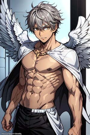 a manga cover, a man with gray wings (archangel with gray wings), ((brown tanned skin)), ((golden eyes)) super detailed, real anime cover, manga style, anime