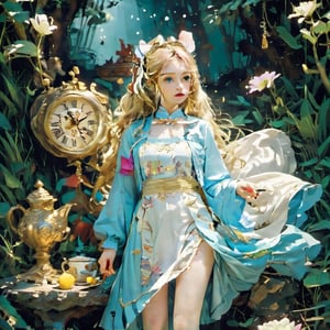 , (alice in wonderland:1.25) ,baroque, cute,fantastic colorful, outdoors (forest:1.2) ,(depth of field:1.25),(solo:1.5), (1girl),((golden hair),[messy] long hair),(bow hair band), blue eyes ,bow ,maid dress (blue+white),white pantyhose, (dramatic angle:1.2), looking to the side, books, clock , teapot, [plate], coffee cup, floating, lily (flower),(dessert:1.2),flowers meadows, (ultra-detailed:1.2),(illustration:1.25),Spirit Fox Pendant,shenshou,huayu