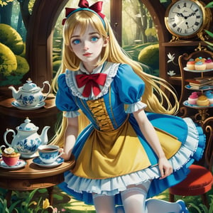 , (alice in wonderland:1.25) ,baroque, cute,fantastic colorful, outdoors (forest:1.2) ,(depth of field:1.25),(solo:1.5), (1girl),((golden hair),[messy] long hair),(bow hair band), blue eyes ,bow ,maid dress (blue+white),white pantyhose, (dramatic angle:1.2), looking to the side, books, clock , teapot, [plate], coffee cup, floating, lily (flower),(dessert:1.2),flowers meadows, (ultra-detailed:1.2),(illustration:1.25),