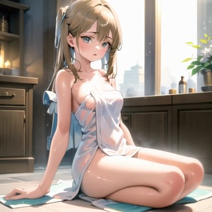 sfw, 1 girl, naked_towel, sitting, masterpiece, best quality, highly detailed