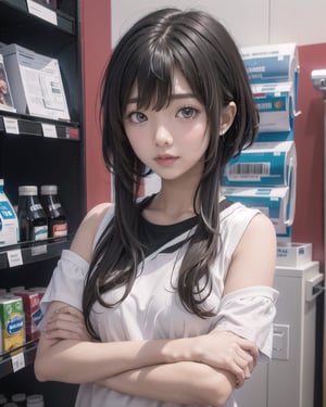 (masterpiece), 1girl, casual, medium hair, black hair, convenient store, frontlocks, frontlocks over breasts