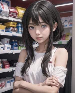 (masterpiece), 1girl, casual, medium hair, black hair, convenient store, frontlocks, frontlocks over breasts