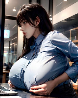 photorealistic, lace pantyhose, office uniform, collared shirt, at the office, (breasts on table), perfect fingers, BREAK (gigantic sagging breasts:1.3), staring at laptop, side view, candid, (closed) mouth, 