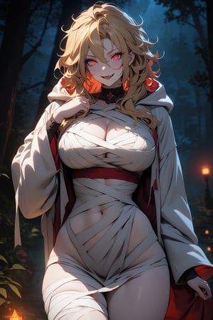 ((masterpiece, best quality)), 4k, 1girl, blonde hair, messy hair, red eyes, vampire, pale skin, night, outdoors, forest, glowy eyes, WHITE ROBE, hood_down, large breasts, (cowboy shot), highly aesthetic, high_resolution, CG unity, UHD, concept art, looking at viewer, slight smile, fangs, voluptuous body, thicc body, cleavage cutout,naked bandage