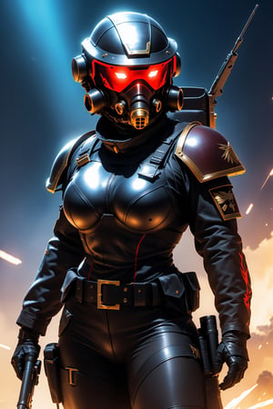(8k HDR), (masterpiece, best quality), ((Helldivers Universe)), A female helldiver, cleavage cutout, wearing black and red scout/sniper outfit, fit and alluring body, iridescent red eyes, fighting on an automaton colony world, ships hover in the atomosphere, bullets and explosions all around, (cowboy shot), depth of field, cel shading art style,upper body shot,2D, rock and roll jesture