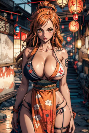 1girl, portrait of beautiful NamiOP, huge breasts, looking at the viewer, solo, japanese_clothes, kimono,(side boobs), open mouth,cleavage,bare_shoulders, sleeveless, sleeveless_kimono, looking_at_viewer, detailed eyes,slit up to hips,orange_hair, orange_eyes, sexy posing, sky, volumetric lighting, daylight, bright, best quality, masterpiece, vibrant, intricate details, sharp focus, hyper-detailed,midjourney,hourglass body shape