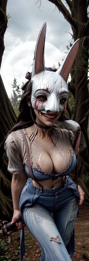 tHuntress,  yellow glowing eyes, bloody bunny mask with rabbit ears, black cowl,  low angle, smile, 
thAttire, suspenders, shirt ,pants, belt, gloves, perfect lips, axe in hand,   midriff,  cleavage,  stretching, abs, perfect body, big hips, 
woods, nighttime, old trees, standing, 
(insanely detailed, beautiful detailed face, masterpiece, best quality) ,hourglass body shape,perfecteyes,midjourney,1 girl,iu,Detailedface,SAM YANG
