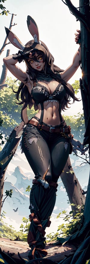 tHuntress,  yellow glowing eyes, bloody bunny mask with rabbit ears, black cowl,  low angle, smile, 
thAttire, suspenders, shirt ,pants, belt, gloves, perfect lips, axe in hand,   midriff,  cleavage,  stretching, abs, perfect body, big hips, 
woods, nighttime, old trees, standing, 
(insanely detailed, beautiful detailed face, masterpiece, best quality) ,hourglass body shape,perfecteyes,midjourney,1 girl,iu,Detailedface,SAM YANG