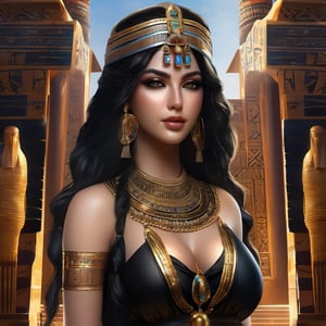 masterpiece, ultra hd, 8k,hdr, dynamic ,  hyper realistic, detailed background, finely detailed_body, big_boobs top less, fullbody,1girl, very long hairstyle, (deep black hair color:1.2), (bright eyes:1.1), |  egyptian, egyptian clothes , egypt godess ,egypt , hecate ,  seethru , perfecteyes , ,Detailedface,Detailedeyes,mechanical_arms,cybernetic_enhancements,  gothic, makeup, black lips,gothic,a futuristic city,bird 's-eye view,high exhibitionism, ,nar_terumi_mei