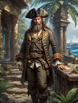 {(after facing all the perils of the sea, the {pirate captain BREAK(pirate attire, {full bearded}:1.5) {searches inside the {island ruins} for the treasure worth of a lifetime of treasures}:1.5)}, {(best quality impressionist masterpiece:1.5)}, (ultra detailed face, ultra detailed eyes, ultra detailed mouth, ultra detailed body, ultra detailed hands, detailed clothes), (immersive background + detailed scenery), {symmetrical intricate details + symmetrical sharpen details}, {(aesthetic details + beautiful details + harmonic details)}