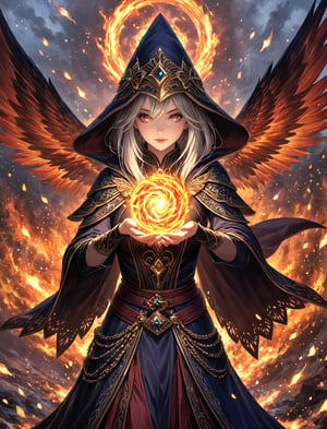 {(The imposing destruction of the {fire whirlwind magic} being casted by the {female carmesin mage} to showing off all her skills and terrify those that stand her way:1.5)}, {(best quality impressionist masterpiece:1.5)}, (ultra detailed face, ultra detailed eyes, ultra detailed mouth, ultra detailed body, ultra detailed hands, detailed clothes), (immersive background + detailed scenery), {symmetrical intricate details + symmetrical sharpen details}, {(aesthetic details + beautiful details + harmonic details)}