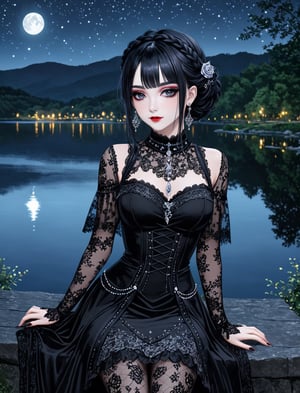 {(A closeup of the {madam of the lake BREAK({delicate goth styled lace dress}, goth makeup, {dark braid hairstyle}:1.5) sitting near the lake at night while facing the nature:1.5)}, {(best quality impressionist masterpiece:1.5)}, (ultra detailed face, ultra detailed eyes, ultra detailed mouth, ultra detailed body, ultra detailed hands, detailed clothes), (immersive background + detailed scenery), {symmetrical intricate details + symmetrical sharpen details}, {(aesthetic details + beautiful details + harmonic details)},dal-1