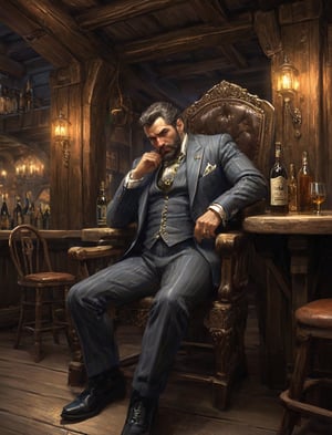 {(Inside the tavern, the {underground overboss} {sitting sloppily on the chair, while facing the viewer with disgust and disapproval}, no one dares to face the boss:1.5)}, {(best quality impressionist masterpiece:1.5)}, (ultra detailed face, ultra detailed eyes, ultra detailed mouth, ultra detailed body, ultra detailed hands, detailed clothes), (immersive background + detailed scenery), {symmetrical intricate details + symmetrical sharpen details}, {(aesthetic details + beautiful details + harmonic details)}