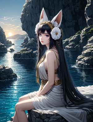 {(At summer in greek ancient times the {{foxgirl} BREAK({summer themed {ancient greek chiton}}, very pale skin, glowing dark eyes, {very dark very long hair}, {fluffy ears, fluffy tail}:1.5)} sitting and admiring the scenery and showing to the viewer:1.5)}, {(best quality anime masterpiece:1.5)}, (ultra detailed face, ultra detailed eyes, ultra detailed mouth, ultra detailed body, ultra detailed hands, detailed clothes), (immersive background + detailed scenery), {symmetrical intricate details + symmetrical sharpen details}, {(aesthetic details + beautiful details + harmonic details)},greg rutkowski
