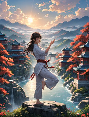 {(with a fantasy-esque chinese landscape as background, beautiful and peaceful for those that view it, the female martial artist master show the splendor of her martial moves with a serene and balanced taichi moves while healing all of her internal and mental wounds:1.5)}, {(best quality anime masterpiece:1.5)}, (ultra detailed face, ultra detailed eyes, ultra detailed mouth, ultra detailed body, ultra detailed hands, detailed clothes), (immersive background + detailed scenery), {symmetrical intricate details + symmetrical sharpen details}, {(aesthetic pleasant details + beautiful details + harmonic details)}