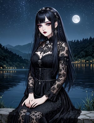 {(A closeup of the {madam of the lake BREAK({delicate goth styled lace dress}, goth makeup, {dark long hair}:1.5) sitting near the lake at night while facing the nature:1.5)}, {(best quality impressionist masterpiece:1.5)}, (ultra detailed face, ultra detailed eyes, ultra detailed mouth, ultra detailed body, ultra detailed hands, detailed clothes), (immersive background + detailed scenery), {symmetrical intricate details + symmetrical sharpen details}, {(aesthetic details + beautiful details + harmonic details)}