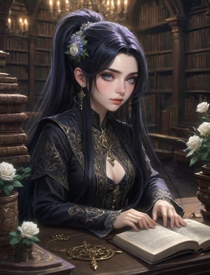 {(portrait of the elegant {female archmage BREAK({{goth styled} magus attire with {intricate flowers} details}, {long dark hair with ponytail}, gentle demeanor, light colored eyes:1.5)} sitting on a table full of grimoires inside her magical library:1.5)}, {(best quality impressionist masterpiece:1.5)}, (ultra detailed face, ultra detailed eyes, ultra detailed mouth, ultra detailed body, ultra detailed hands, detailed clothes), (immersive background + detailed scenery), {symmetrical intricate details + symmetrical sharpen details}, {(aesthetic details + beautiful details + harmonic details)}