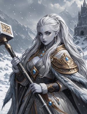 {(beautiful and imposing, a rare and trusthworty portrait of the {female snow dwarf BREAK({{light gray} colored skin}, {snow colored eyes}, a {well cared luscious ashen hair} while wearing an {elegant and warm {winter themed} dwarf attire}:1.5) displaying all her might with a powerfull hammer ready to attack those who dare waste her time with triviality:1.5)}, {(best quality impressionist masterpiece:1.5)}, (ultra detailed face, ultra detailed eyes, ultra detailed mouth, ultra detailed body, ultra detailed hands, detailed clothes), (immersive background + detailed scenery), {symmetrical intricate details + symmetrical sharpen details}, {(aesthetic details + beautiful details + harmonic details)}