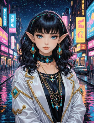 {(once upon a time theres a face closeup of the {{80s themed elf} BREAK({80s themed garments with intricate {80s fashion details}}, {80s stylish dark haircut}, light colored eyes:1.5)} staying late at night facing the viewer:1.5)}, {(best quality impressionist masterpiece:1.5)}, (ultra detailed face, ultra detailed eyes, ultra detailed mouth, ultra detailed body, ultra detailed hands, detailed clothes), (immersive background + detailed scenery), {symmetrical intricate details + symmetrical sharpen details}, {(aesthetic details + beautiful details + harmonic details)}
