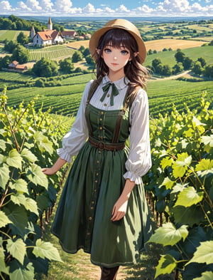 {(The zeal of the gentle {countryside elf wearing a ragged farm attire} taking care of the vineyard during a beautiful sunny day, while facing the landscape being grateful for everything that surrounds her:1.5)}, {(best quality impressionist masterpiece:1.5)}, (ultra detailed face, ultra detailed eyes, ultra detailed mouth, ultra detailed body, ultra detailed hands, detailed clothes), (immersive background + detailed scenery), {symmetrical intricate details + symmetrical sharpen details}, {(aesthetic details + beautiful details + harmonic details)}