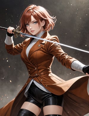 {(Standing embranced by a delicate background a closeup of the stylish female fencer BREAK({{extravagant auburn overcoat}, {tight dark shorts}, {short light colored hair and eyes}, a stylish appearance}:1.5) doing her combat posture while holding her rapier in front of the viewer:1.5)}, {(best quality impressionist masterpiece:1.5)}, (ultra detailed face, ultra detailed eyes, ultra detailed mouth, ultra detailed body, ultra detailed hands, detailed clothes), (immersive background + detailed scenery), {symmetrical intricate details + symmetrical sharpen details}, {(aesthetic details + beautiful details + harmonic details)}