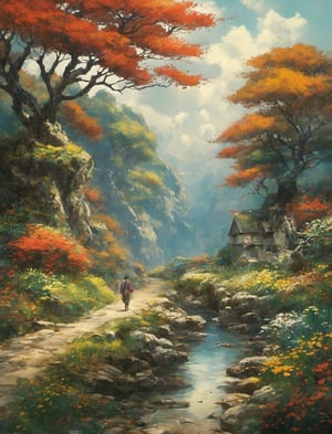 {({In the style of Hayao Miyazaki} a nostalgic and bittersweet {fantasy eastern landscape}, a walk towards home, without knowing how far your experiences and memories through life will go:1.5)}, {(best quality impressionist masterpiece:1.5)}, (ultra detailed face, ultra detailed eyes, ultra detailed mouth, ultra detailed body, ultra detailed hands, detailed clothes), (immersive background + detailed scenery), {symmetrical intricate details + symmetrical sharpen details}, {(aesthetic details + beautiful details + harmonic details)},ink 