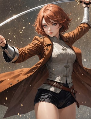 {(Standing embranced by a delicate background, a closeup of the stylish female fencer BREAK({{extravagant auburn overcoat}, {tight dark shorts}, {short light colored hair and eyes}, a stylish appearance}:1.5) does her combat posture while holding her rapier in front of the viewer:1.5)}, {(best quality impressionist masterpiece:1.5)}, (ultra detailed face, ultra detailed eyes, ultra detailed mouth, ultra detailed body, ultra detailed hands, detailed clothes), (immersive background + detailed scenery), {symmetrical intricate details + symmetrical sharpen details}, {(aesthetic details + beautiful details + harmonic details)}