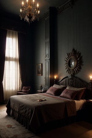 Cuarto de dondella celta, cama amplia con cortinajes medievales, candelabros y peinadora (ambientación a the Witcher y juego de tronos)