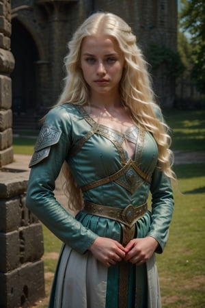 Medieval ofensiva position Small dagger in hand (14 year old blonde teenager Ciri) youthful face and body) beautiful girl with very long blonde hair, emerald green eyes (green eyes).
. (Small chest, flat chest) Innocent face expression, ( insiste a medieval castle , medieval Celtic theme) 


Dress like a Dancer holadiske, clothing white custome hodaliske.