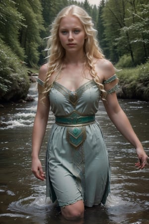 (alta definición, nitidez de imágen, Medieval, shes playing in a river, playing with water) (13 year old blonde teenager Ciri) youthful face and body) beautiful girl with very long blonde hair, emerald green eyes (green eyes).
. (Very flat chest, very Small chest, flat chest) Innocent face expression, (Forest) (medieval Celtic theme) 


Dress clothing white.