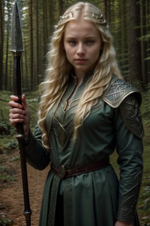 Medieval ofensiva position Small dagger in hand (14 year old blonde teenager) youthful face and body) beautiful girl with very long blonde hair, emerald green eyes (emerald green eyes).
Travel clothing and Celtic coat black dark custome. Small dagger in hand

Innocent face expression, (medieval image forest, medieval Celtic theme) 