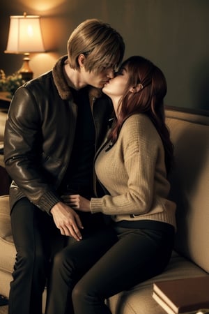 (Re4Leon tall and strong men) (High image quality, high resolution, high quality image, intricate details on hands, body proportion and face) (sweet expression)(RE4Leon kisses with a redhair woman long hair) (Couple kissing sitting on a brown furniture couch, background of an abandoned apartment.) (Passionate) (passionate kisses Under low lighting ) (woman custome sweater green and Black pants) (Men Custom brown jacket hunter, black pants) (Dominant attitude of the man) (submissive attitude of the woman towards the kiss)