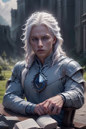 (Estudiante de magia Howards Witcher, muchacho hermoso albino de cabello plateado. Referencia de rostro, cabello y cuerpo de angel, rostro de angeles en época renacentista)

Muchacho muy atractivo de rostro andrógeno, fenotipo angelical, de piel blanca y azules. Cabello plateado.

Uniforme completo negro, celtic features. Libro y varita mágica en la mano. (Leyendo libro)
Castillo Howards, Rostro Afeitado, (rostro serio mirada intimidante)