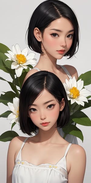 Roma Latina girl with white skin, (very short Bob black hair) (black eyes.) Adorable face, flat chest. (Ramo de flores en mano, regalo de ramo de flores)